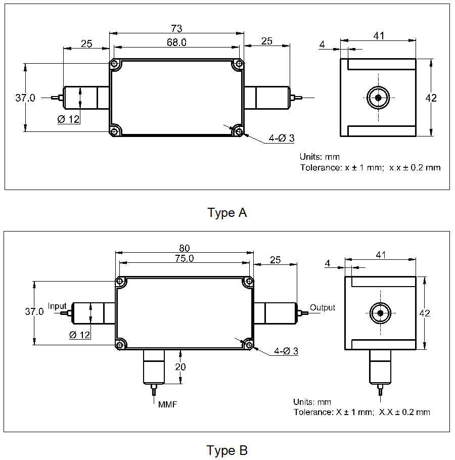 YESWEHAVE Isolator 10/20 W 1064 nm dimensions and engineering drawing in mm.